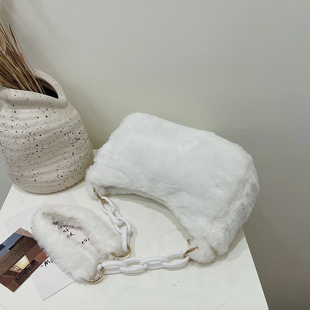 Vintage Women Winter Pure Color Underarm Bag Plush Chain Handbags White