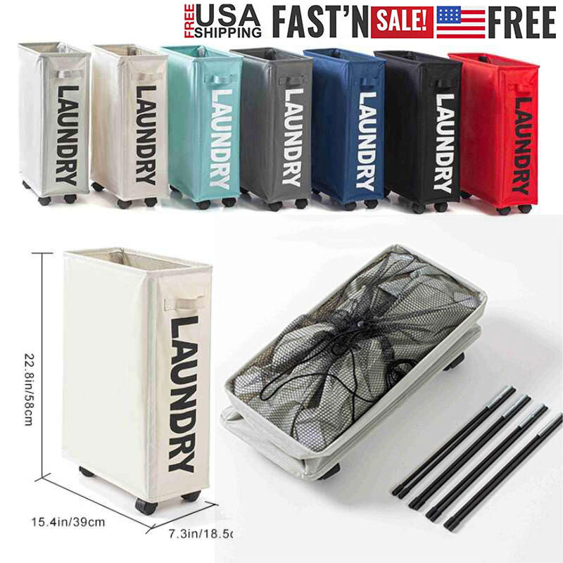 Foldable Laundry Basket Upright Washing Clothes Bag Storage Bin Cart with Wheels