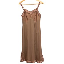 Vintage Henson Taupe Lace Trim Full Slip Dress Satin Detail Size 34 V-Neck