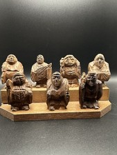Vintage Seven Lucky Gods Netsuke Carved Wooden Figurines w/ Stand