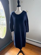 Halston Heritage Navy Blue Fuzzy Knit Sweater Dress Size L