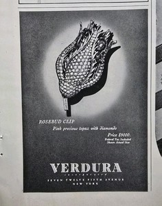 1948 Verdura Pink Topaz with Diamonds Rosebud Clip Pin Vintage Jewelry Ad 