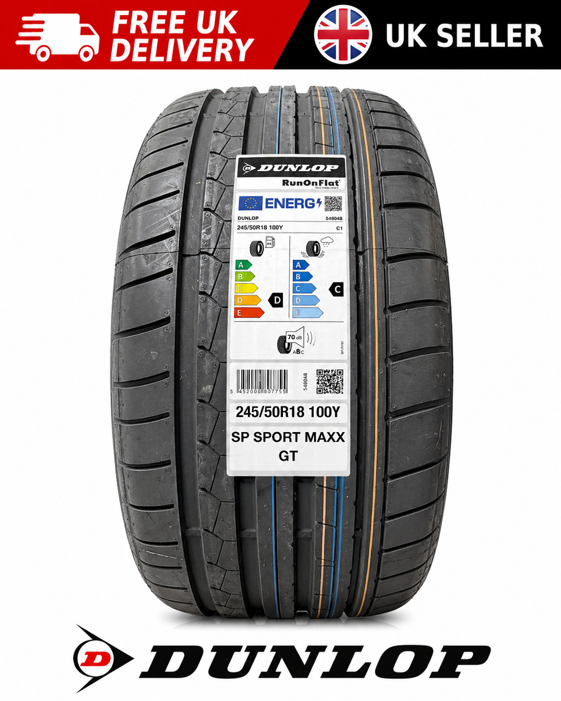 245/50R18 Dunlop SP Sportmaxx GT Runflat 100Y * RFT BMW 245 50 18 2455018 2023