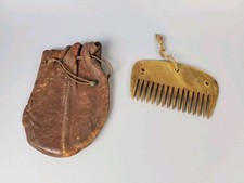 Antique Carved Horn Horse Mane & Tail Comb with Leather Pouch