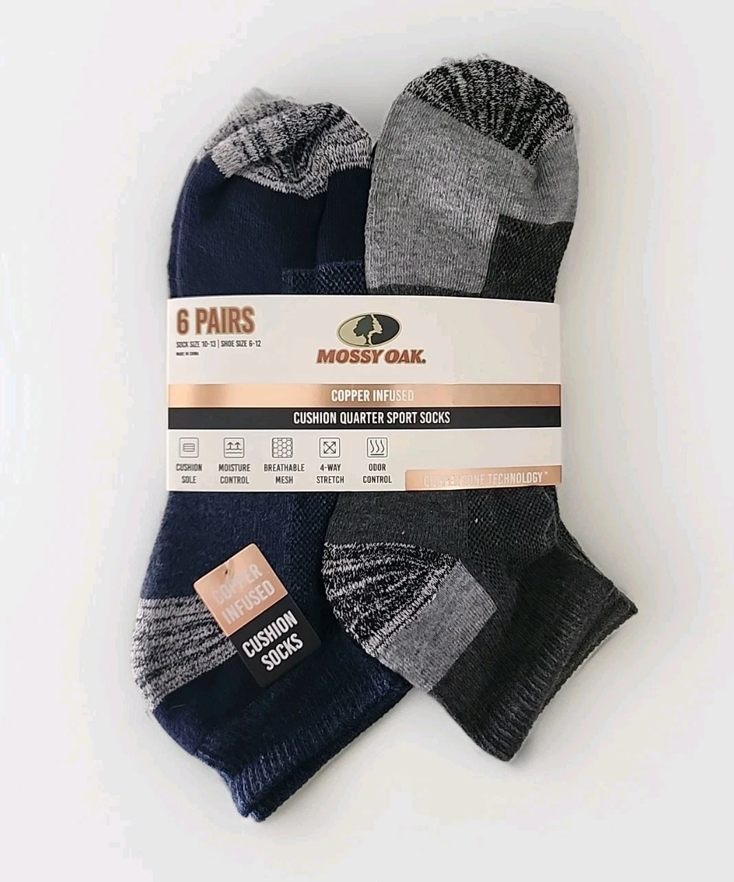 Mossy Oak Copper Infused Cushion Quarter Sport Men's Socks 6 pairs - NEW