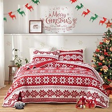 3 Pieces Christmas Quilt Set Queen 90"x90", 1 Quilt 2 Pillow Shams Snowflake