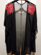 Sheer Floral Embroidered Open Kimono, Cover-up, Boho, Embroidered Roses, One-Sz