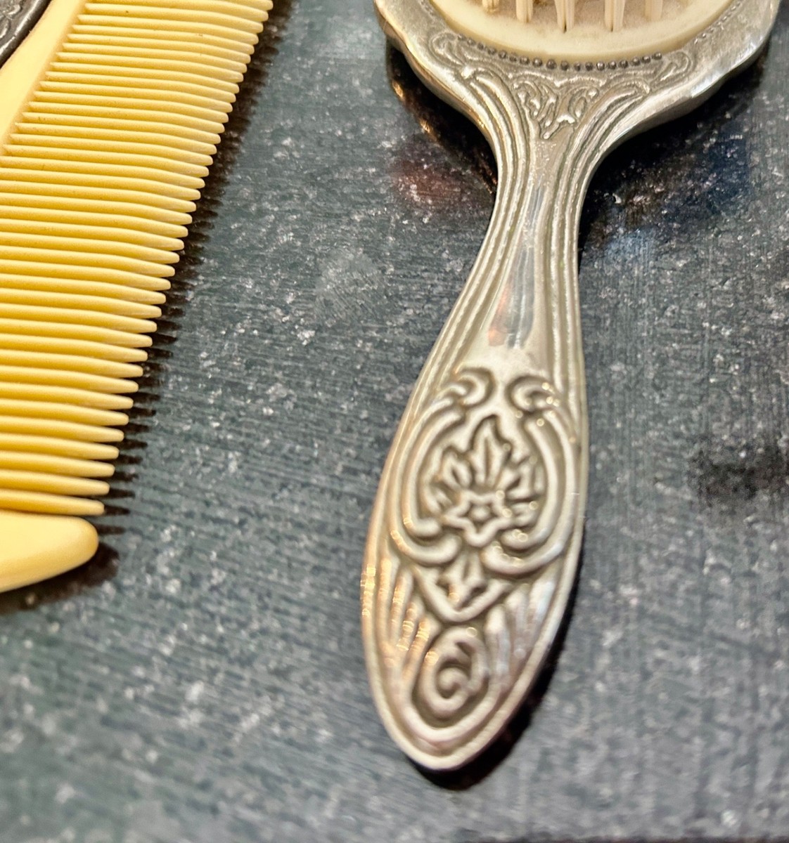 Silver Plated Vanity Set Vtg Hand Mirror Hair Brush Comb Victorian