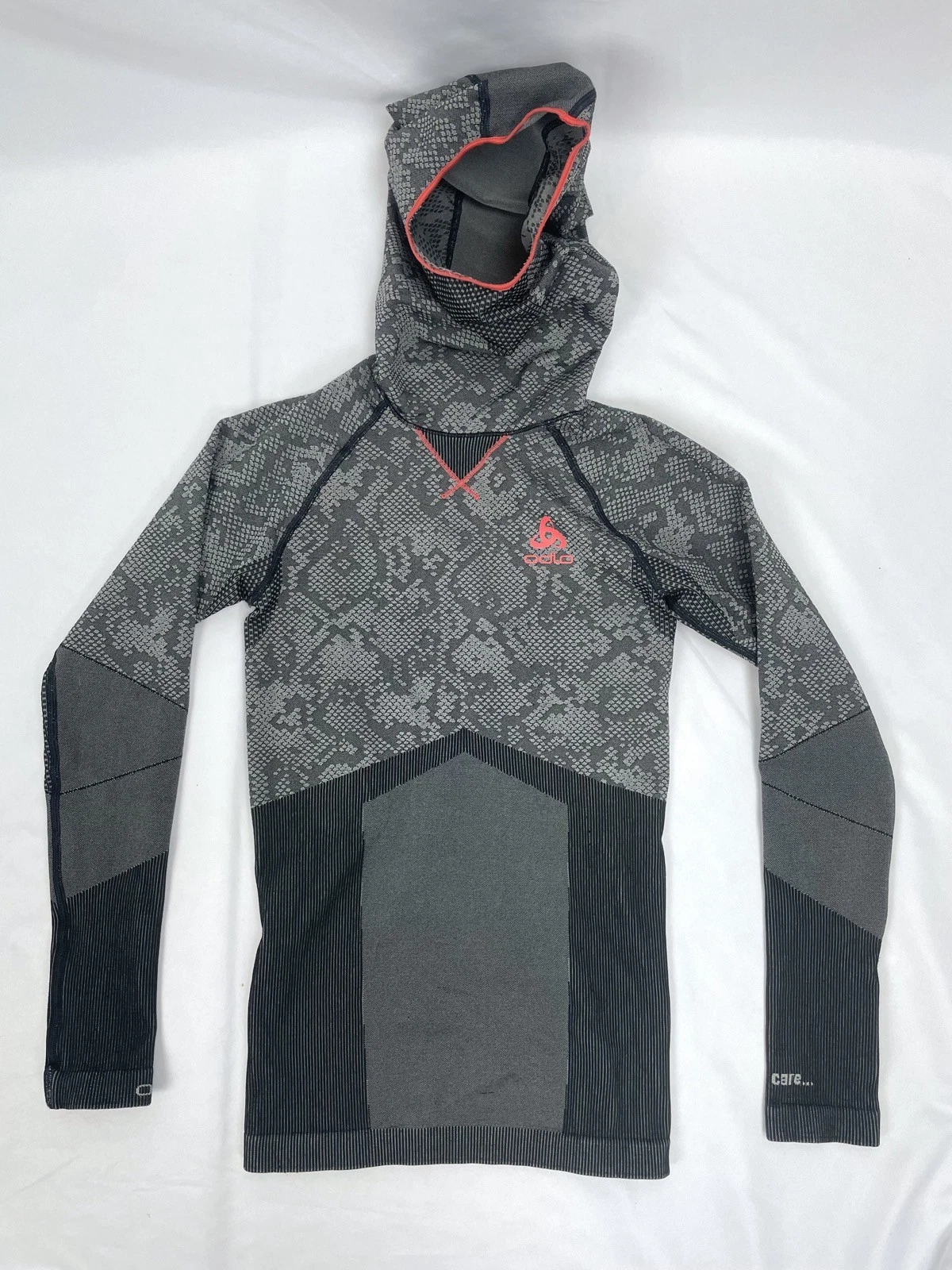 Odlo Women XS Black Gray Base Layer Long Sleeve Top Shirt Hood Face Mask
