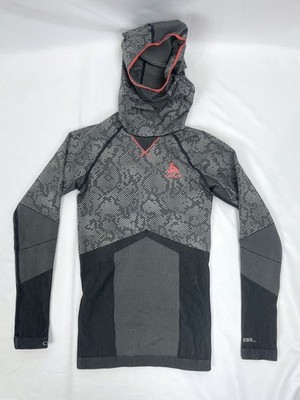 Odlo Women XS Black Gray Base Layer Long Sleeve Top Shirt Hood Face Mask