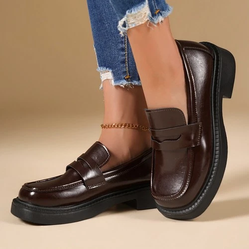 Women's Square Toe Penny Loafers Slip On Thick Platform Sole Casual Dress Shoes