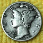 1936-P MERCURY DIME *90% SILVER, KM #140, Actual Coin Shown.