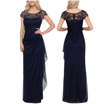  XSCAPE Navy Embellished Jersey Gown Floor Length Formal Dress Size 8.
