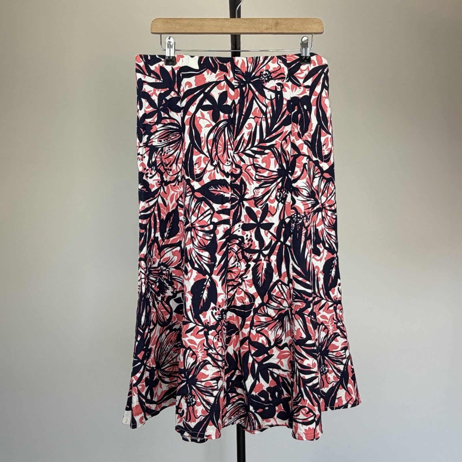 Isle EWM Floral Print Coral Black White Linen Blend Long Skirt Size UK 14