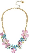 NEW BETSEY JOHNSON GOLD TONE,PINK BLUE CLUSTER FLOWERS,PRISM CRYSTALS NECKLACE