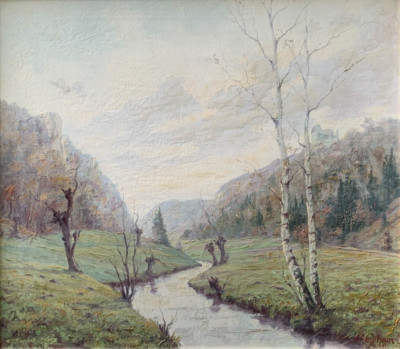 F. Abraham dat. 1951 Gemälde Öl a. Leinwand Birken am Fluß Burg aus Nachlass