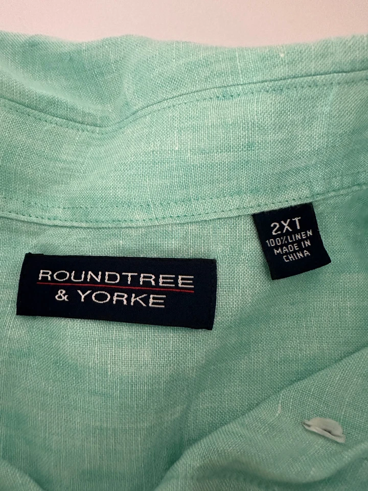 Roundtree & Yorke aqua blue 100% linen short sleeve button down shirt Men's 2XT - Image 2 of 2