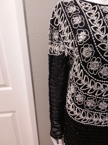 Abito da sera cocktail Jasjas New York 100% seta nero sequenza taglia L XL LEGGI - Foto 4 di 12