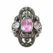 Faceted Oval Pink Quartz Marcasite Antiqued Sterling Silver Ring Size 6