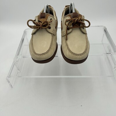 BASS MENS BOAT SHOE “AHIDA” LEATHER MESH SIZE M IN LIGHT BEIGE/CREAM  EUC