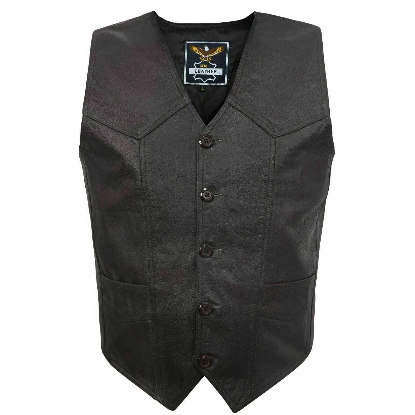 100% Real Leather casual Vest Motorcycle Bikers Men's waistcoats Dark Brown