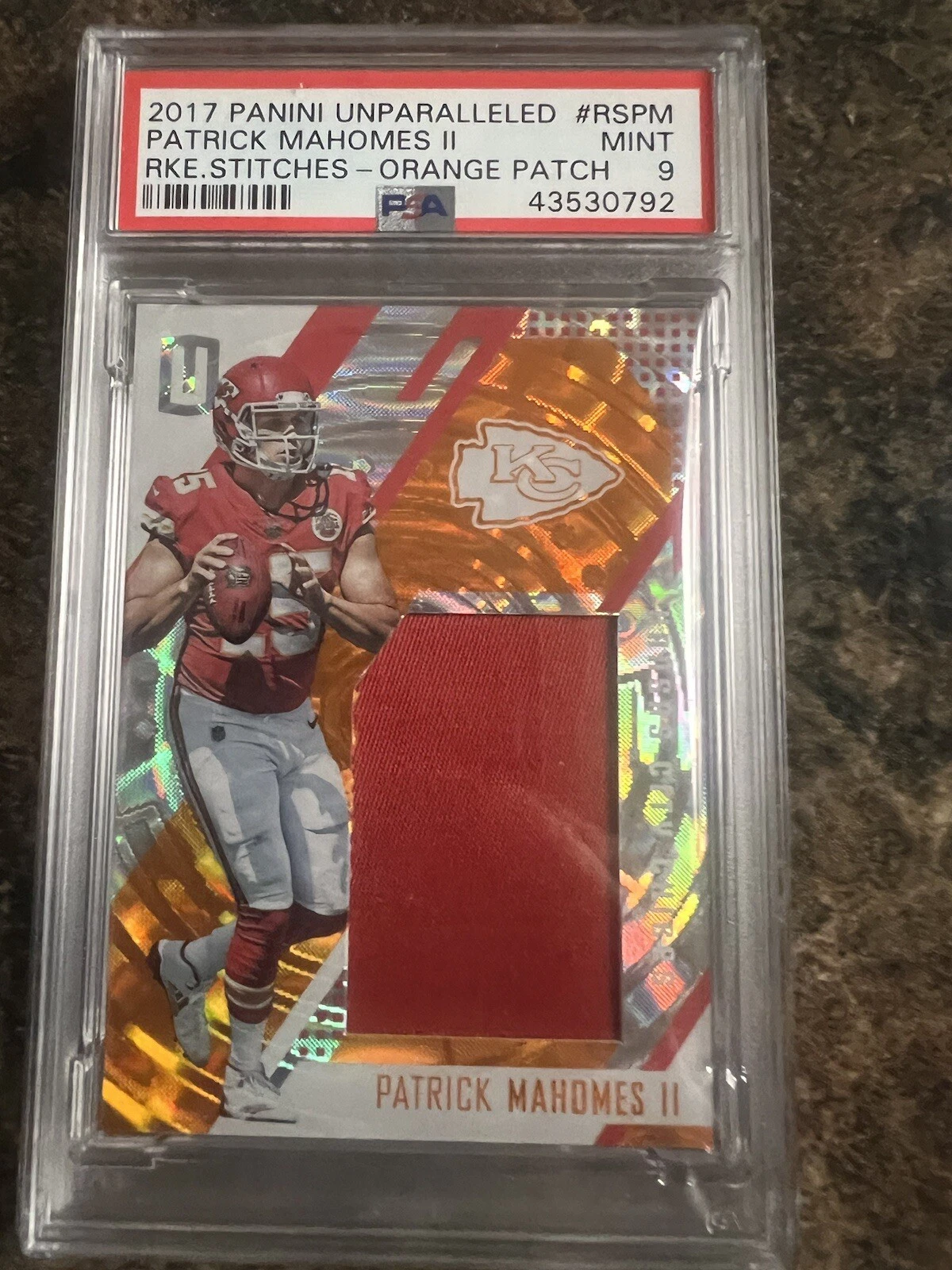 Patrick Mahomes Panini Unparalleled Rookie Stitches #RSPM Orange Patch