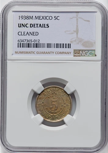 MEXICO ESTADOS UNIDOS 1938  5 CENTAVOS COIN NGC CERTIFIED "UNCIRCULATED DETAILS"