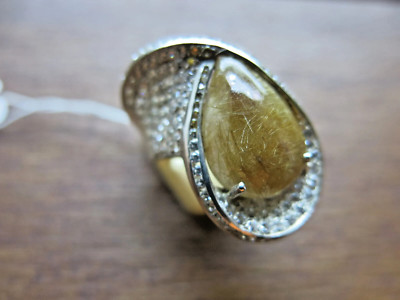 Natural Waterdrop Golden Rutile Quartz Ring   925 Sterling Silver, Size 8.5