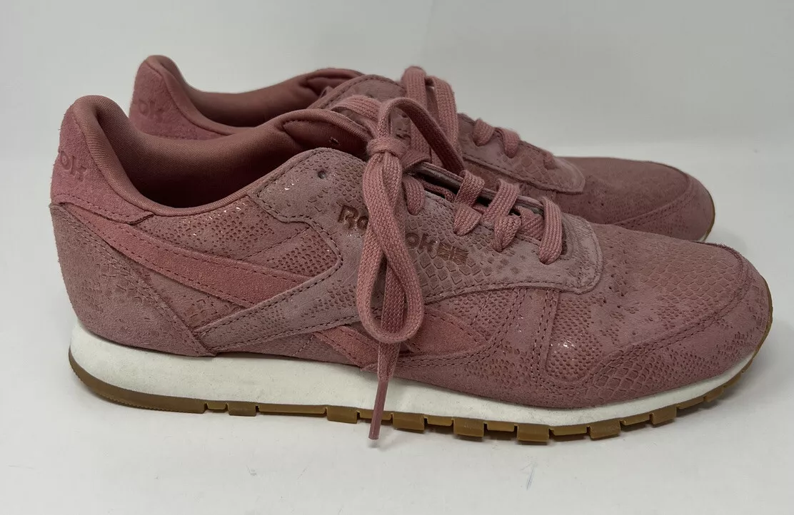 Reebok Classics Snake Print Runnings Shoes Pink Suede Leather Women s Size 8