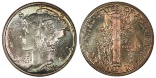 1942-S Superb Gem BU Mercury Dime - NGC MS66, Colorful Toned, Earlier Holder