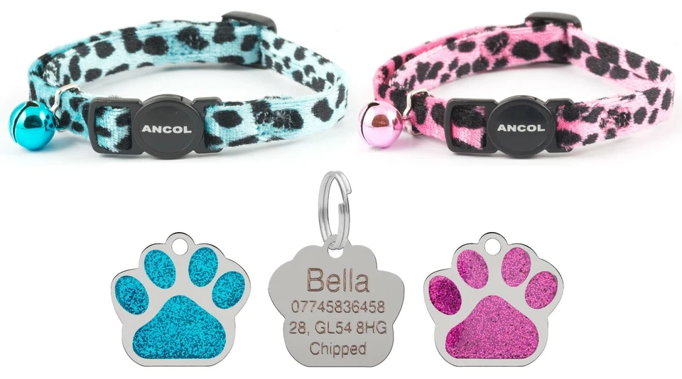 Cat Collar Ancol Leopard Print Safety Quick Release With 27mm Glitter Paw ID Tag