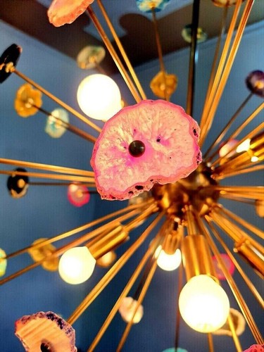 1950 BRASS PINK AGATESTONE URCHIN SPUTNIK STILNOVO ITALIAN CEILING PENDANT LIHGT - Picture 2 of 4