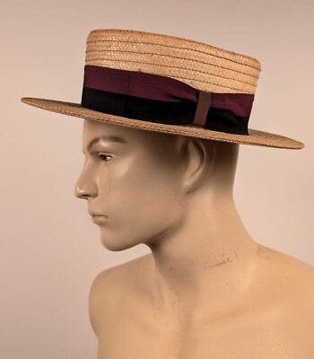 ANTIQUE 1930'S MEN'S STRAW BOATER HAT W TWO TONE