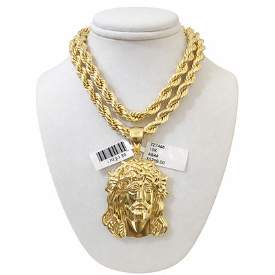 Real 10K Yellow Gold Rope Chain Christ Face Charm Set 7mm 20'' 28'' Necklace Mens