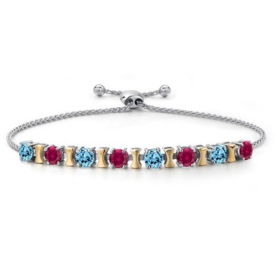 925 Silver and 10K Yellow Gold Swiss Blue Topaz and Created Ruby Bracelet For
