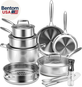 Stainless Steel Cookware Set -  Tri-Ply Stainless Pots and Pans Set with Steamer