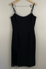 Dress the Population Black Rory Dress L Fringe Hem Midi Slim Strap Cocktail LBD