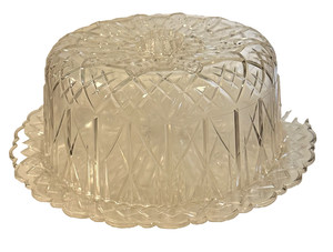 Vtg 1960s MCM Acrylic Covered Cake Plate Keeper Carrier Clear Faceted/Floral EUC