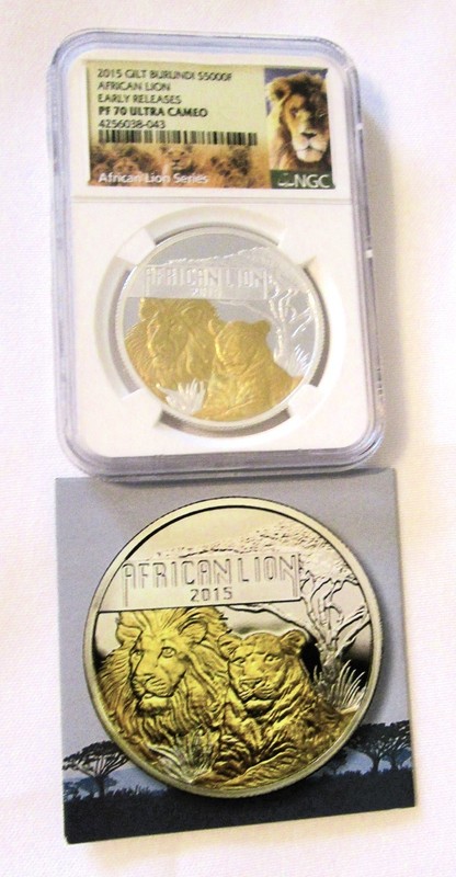 2015 Burundi African Lion E.R., COA 022/500,.999 Silver NGC PF70 UC Gilt Proof