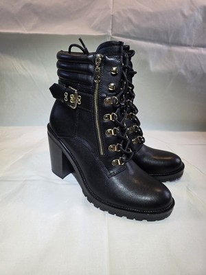 Guess GBG Jaylee Boot Shoe Black Women Lace Up Zip Side Heeled 9M Buckle Tread
