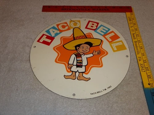 VINTAGE 1962 TACO BELL & BOY FAST FOOD 11 3/4" PORCELAIN METAL GASOLINE OIL SIGN
