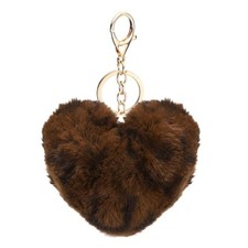 Pom Pom Keychain, Soft Cute Fluffy Heart Key Ring with Leopard Dark Brown