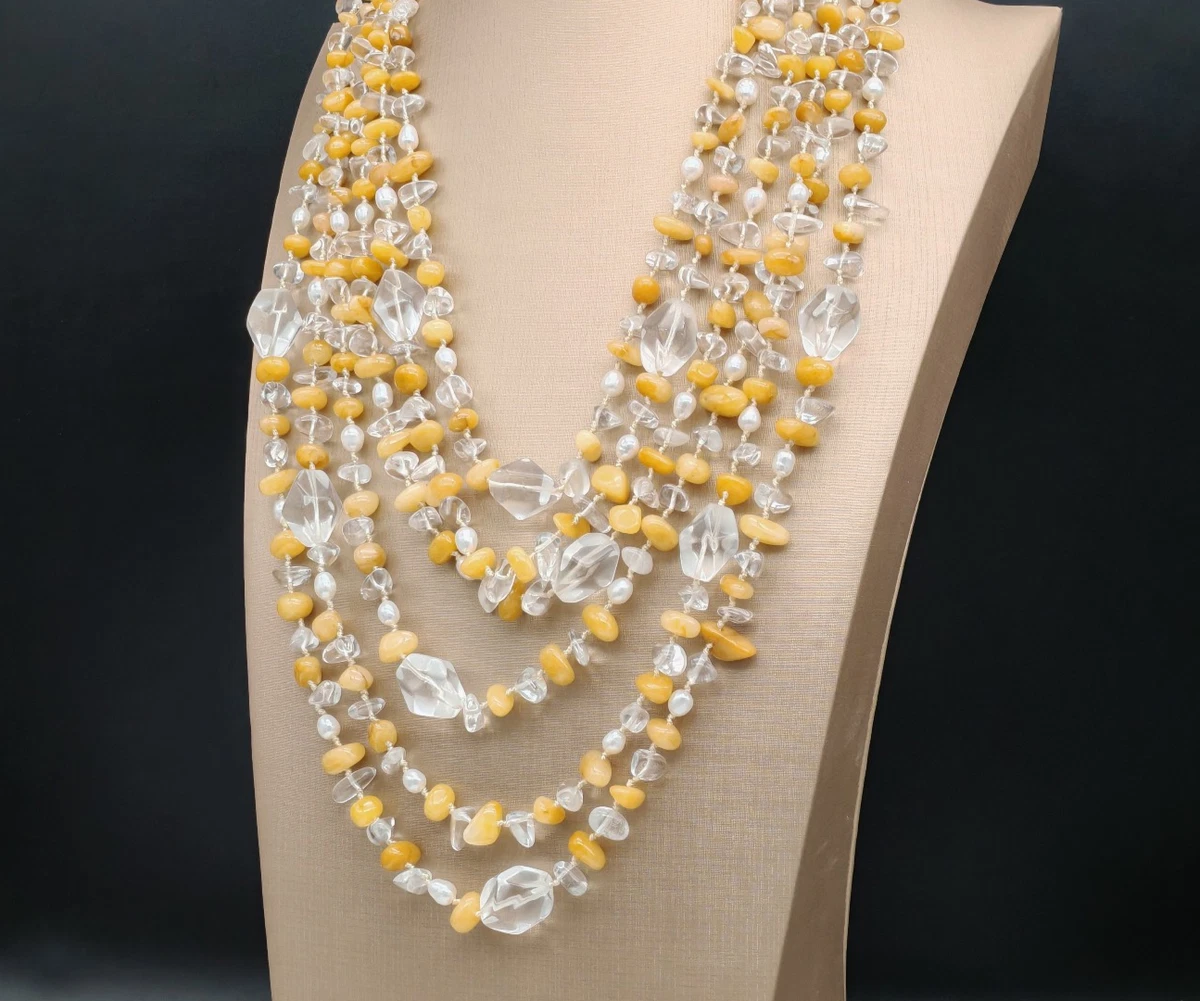 Collana Lunga 36 Pollici Multi-Filo In Perline Di Vetro Naturali Boemo - Fatte A Mano, Tonalità Argento