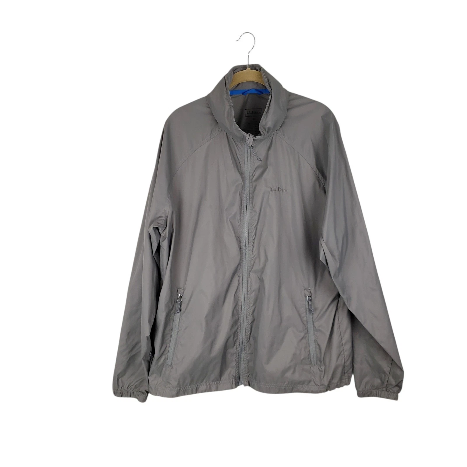 LL Bean Lightweight Windbreaker Jacket Packable Hood Gray Mens Medium