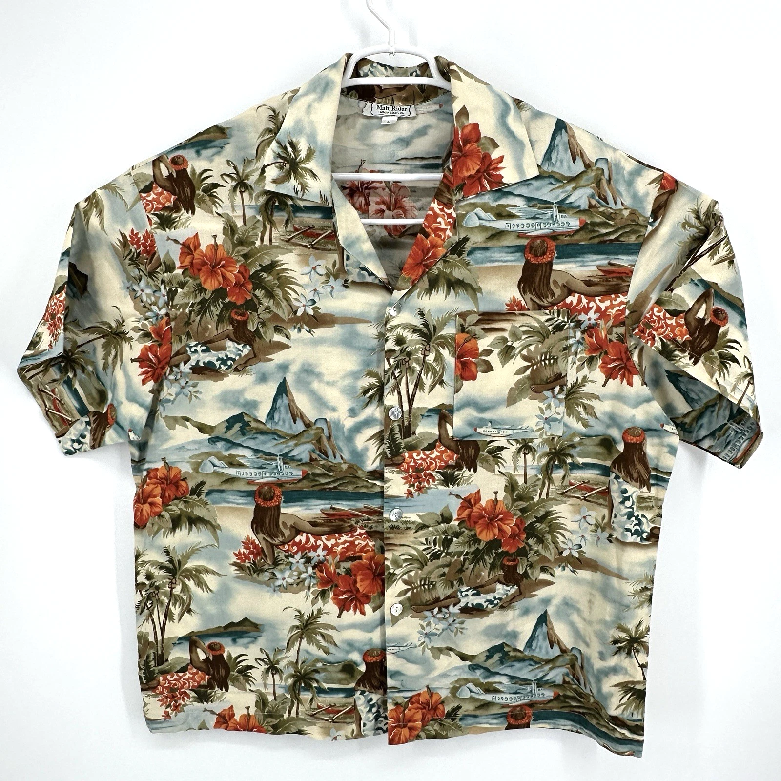 Matt Rider Laguna Beach Hawaiian Button Up Shirt Mens L 100% Cotton USA Island