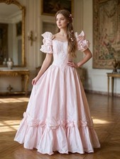 Vintage Pink Taffeta Wedding Dress S Ruffled Puff Sleeves Roses Victorian Look