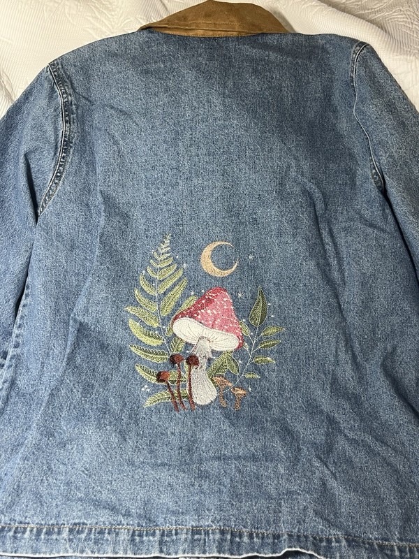 Custom Embroidered Denim Jacket Upcycled Lemon Grass Medium Boho Mushroom Design