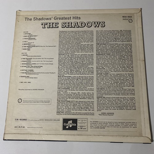 Shadows Greatest Hits Columbia SCX1522 vinyl record - Picture 2 of 5