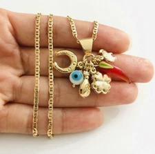 18K Gold Filled Charm Evil Eye, Elephant, Clover Necklace for good luck - P107