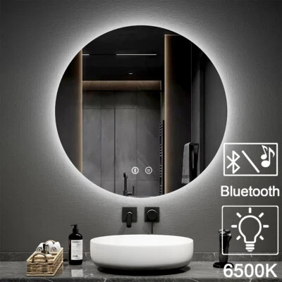 EMKE Round Bluetooth Bathroom Mirror with Cold LED Lights Illuminated Demister